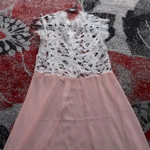 Sheer, long Peach colour. White laced top.